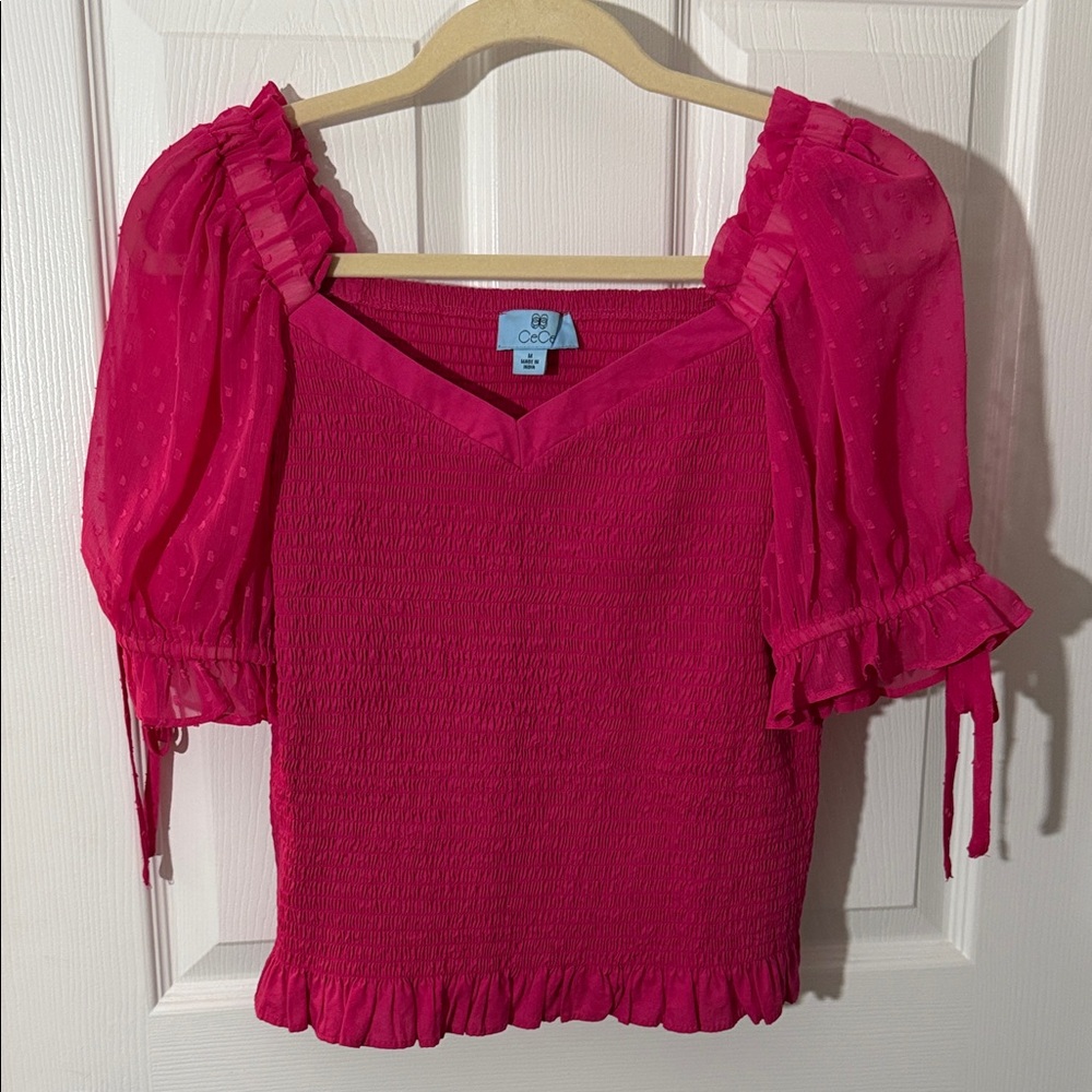 CECE Fuchsia Smocked Blouse with sheer Puff Sleeves, M